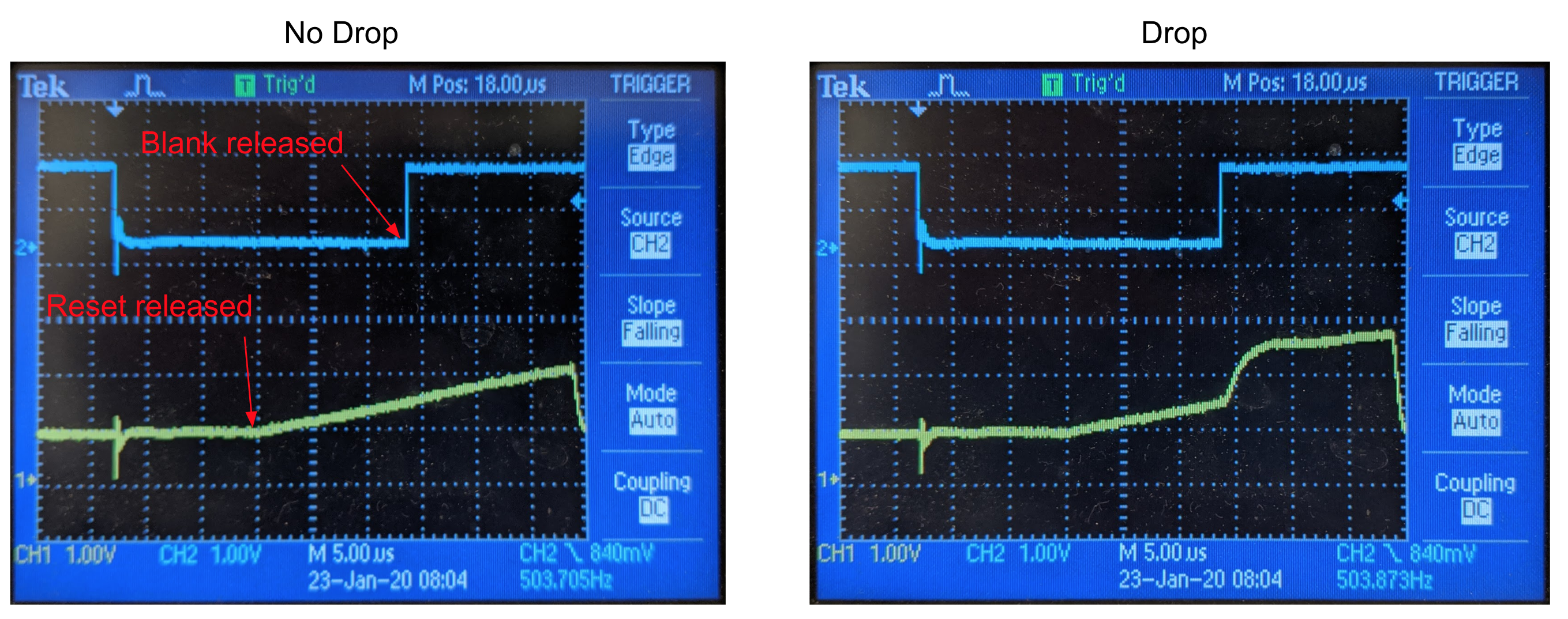 Scope capture of integrator output. Left: A measurement with no drop present. Right: A measurement with a drop present.